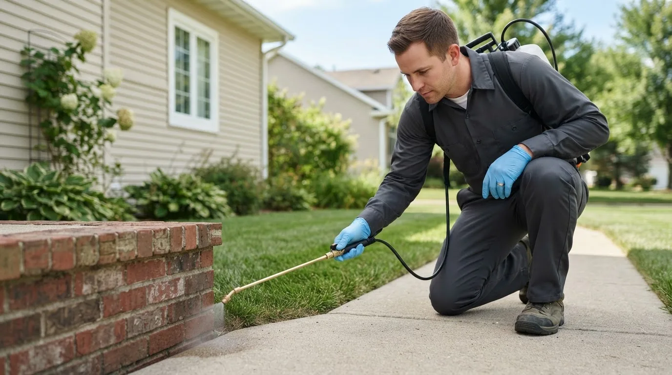 Pest control technician treating a home near Henning, MN