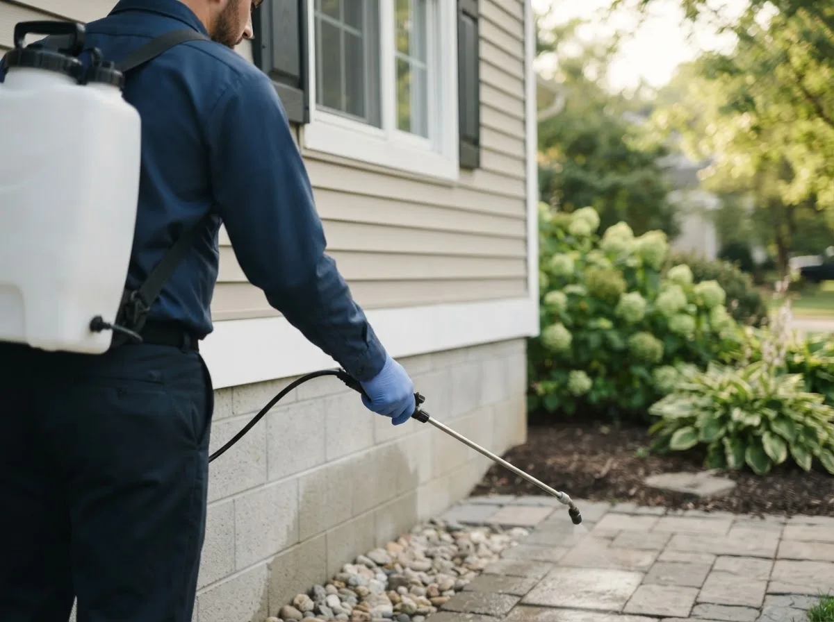 Pest control technician inspecting a home in Henning, MN